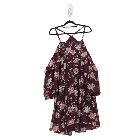 Torrid Women Plus 20 Dress Wine Red Floral Chiffon Halter Cold Shoulder Ruffle - Picture 10 of 11